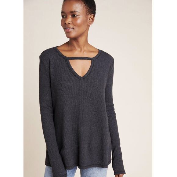 t.la Anthropologie Top Women Small Gray Waffle Knit Thermal Keyhole Tunic Casual - Picture 2 of 11